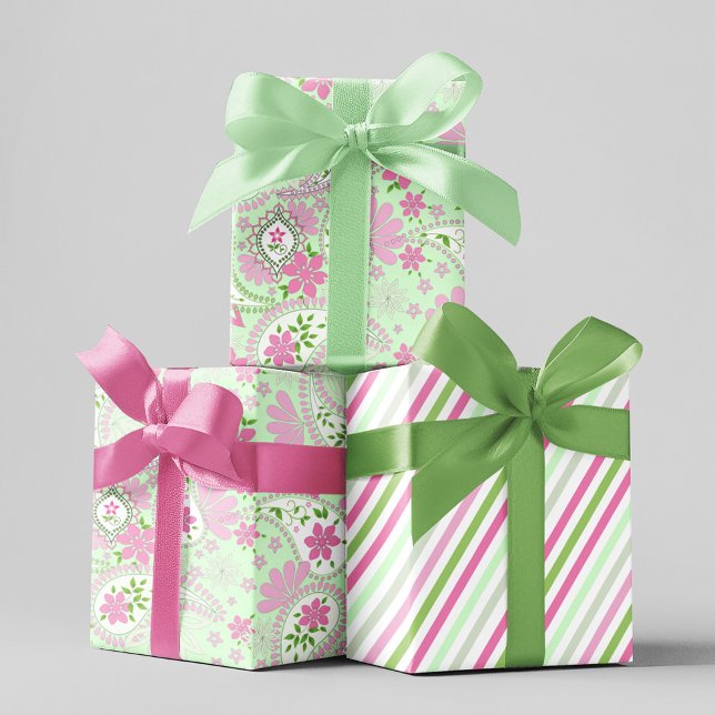 Pink Cute Paisley Print Pattern Wrapping Paper Sheets (Pink and lime green paisley print wrapping paper.)