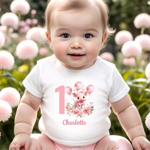 Pink Cute Pig Farm 1st Birthday Name Baby Girl Baby T_Shirt