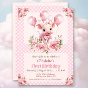 Pink Cute Pig Farm Girl 1st Birthday Invitation