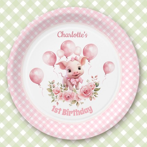 Pink Cute Pig Farm Girl 1st Birthday Paper Plates