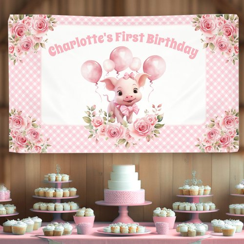 Pink Cute Pig Farm Girl 1st Birthday Party Banner