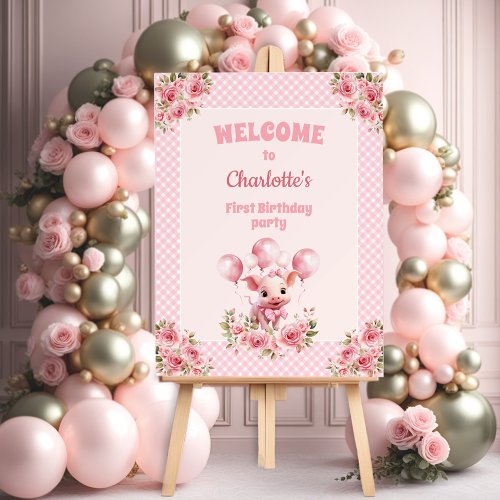 Pink Cute Piggy 1st Birthday Party Welcome Sign