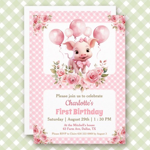 Pink Cute Piggy Farm Themed Girl 1st Birthday Invitation