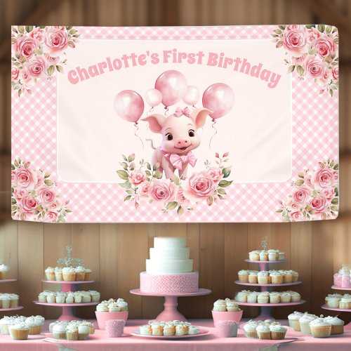Pink Cute Piggy Girl 1st Birthday Party Banner