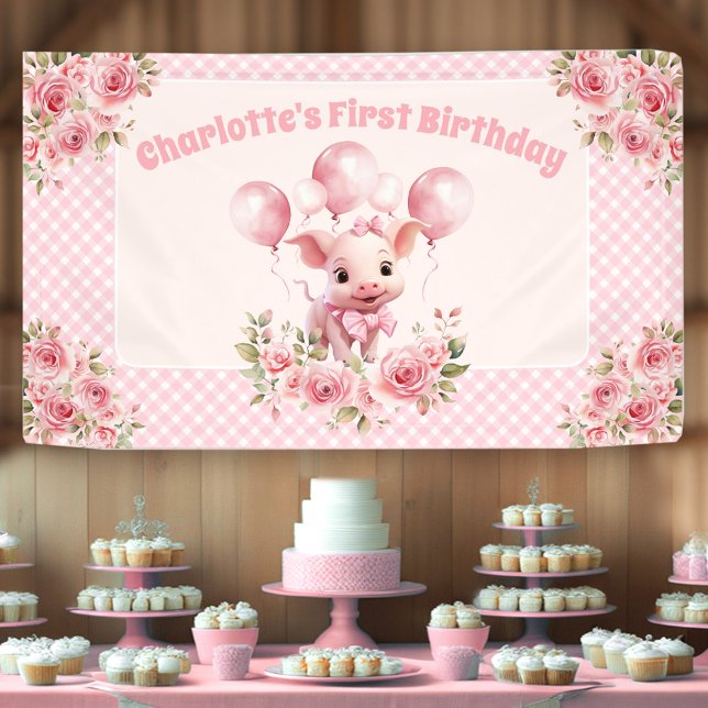 Pink Cute Piggy Girl 1st Birthday Party Banner (Pink Cute Piggy Girl 1st Birthday Party Banner)