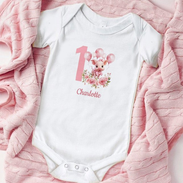Pink Cute Piglet Girl 1st Birthday Baby Bodysuit (Cute piglet Pink 1st Birthday Girl Baby Bodysuit)