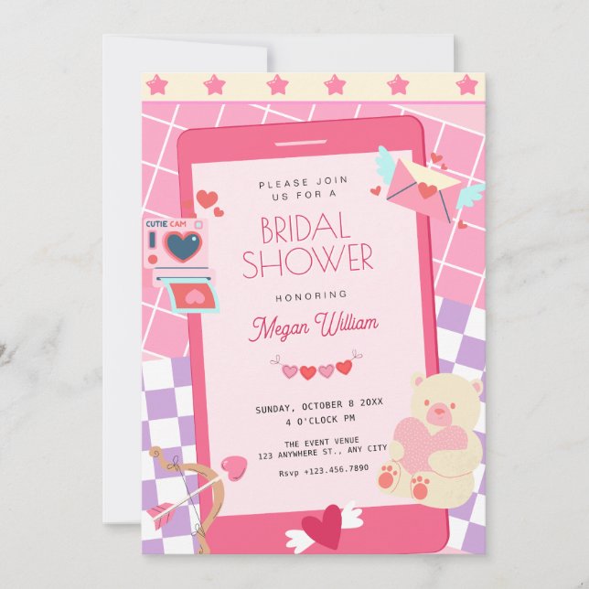 Pink cute playful bridal shower invitation (Front)