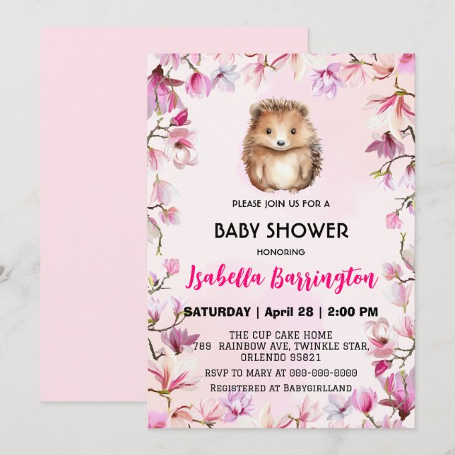 Pink Cute porcupine cub flowers baby shower kids Invitation (Front/Back)