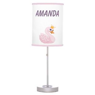 Pink cute princess swans on white name table lamp