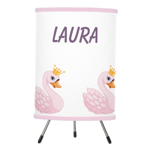 Pink cute princess swans on white name tripod lamp