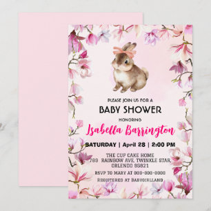 Pink Cute rabbit bunny flowers baby shower girls Invitation