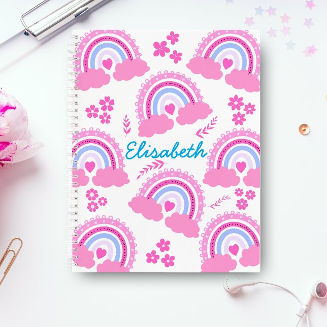 Pink Cute Rainbow Flowers Personalized Girl Name Notebook (Creator Uploaded)