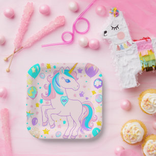 Pink Cute Rainbow unicorn birthday girls kids Paper Plates