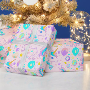 Pink Cute Rainbow unicorn birthday girls  kids Wrapping Paper
