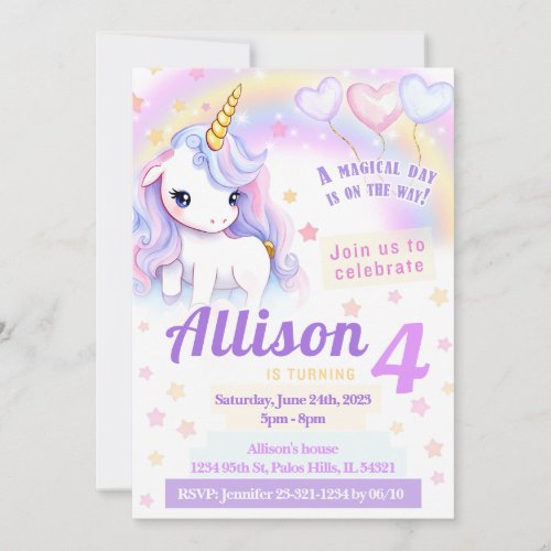 Pink cute rainbow unicorn birthday invitation