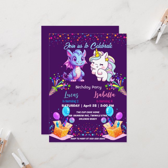 Pink Cute Rainbow Unicorn dinosaurs 2nd Birthday  (Front/Back In Situ)