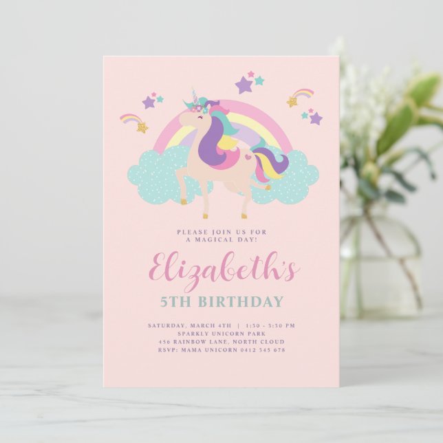 Pink | Cute Rainbow Unicorn Personalised Birthday Invitation (Standing Front)