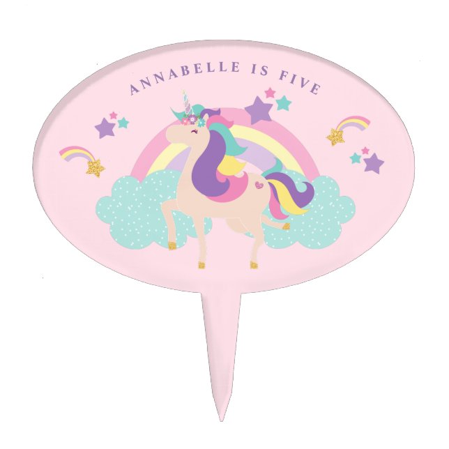 Pink | Cute Rainbow Unicorn Personalized Cake Pick (Front)