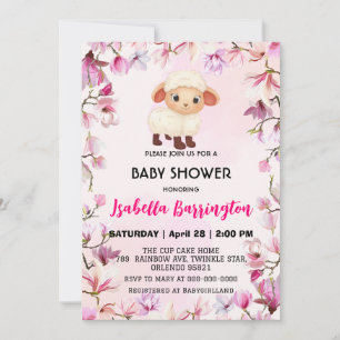Pink Cute ram sheep flower floral baby shower kid Invitation