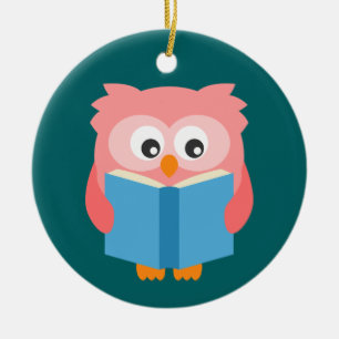 Pink cute reading owl ceramic ornament