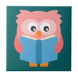 Pink cute reading owl ceramic tile