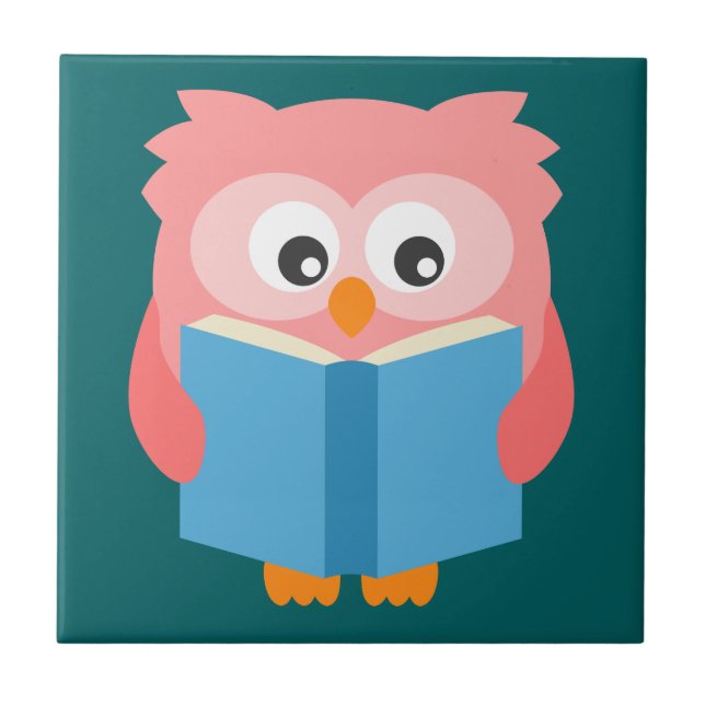 Pink cute reading owl ceramic tile (Front)