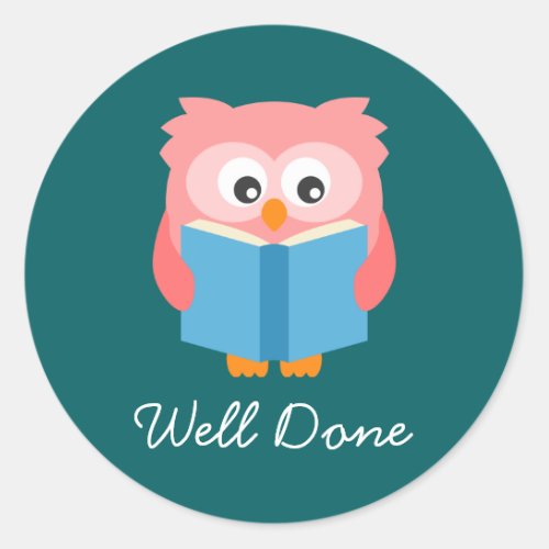 Pink cute reading owl classic round sticker