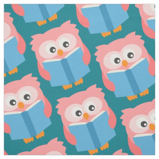 Pink cute reading owl fabric