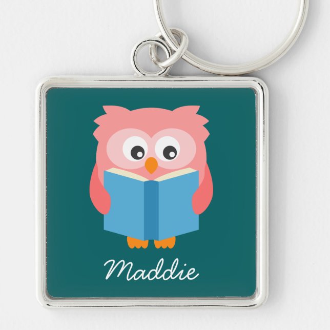 Pink cute reading owl keychain (Front)