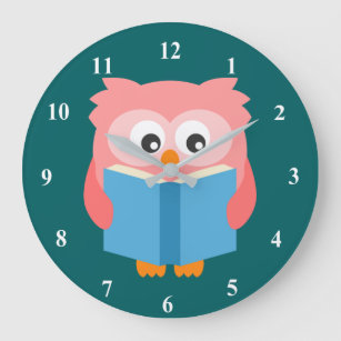 Pink cute reading owl large clock