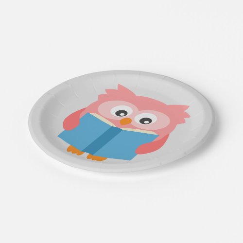 Pink cute reading owl paper plates