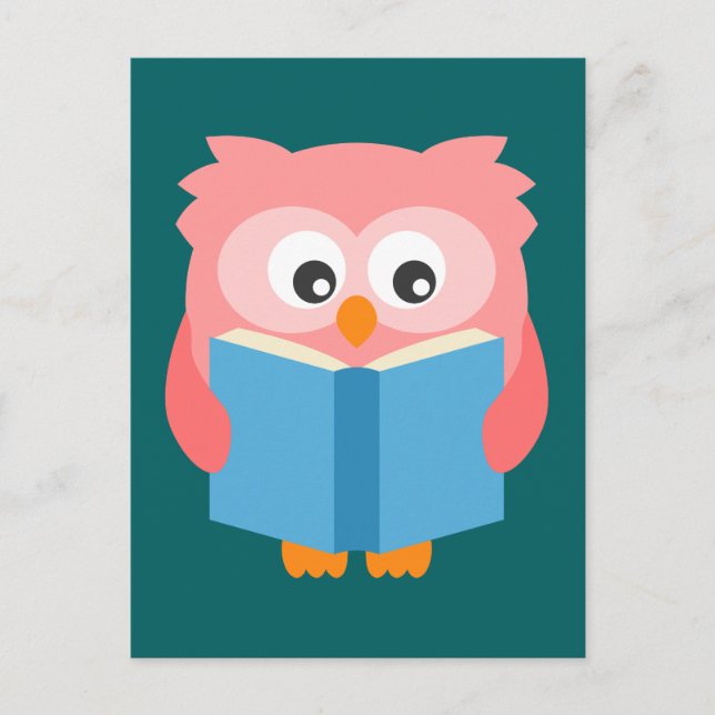 Pink cute reading owl postcard (Front)