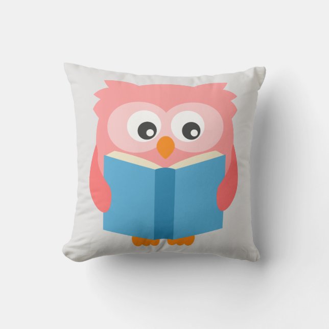 Pink cute reading owl throw pillow (Front)