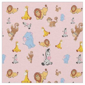 pink Cute safari animal pattern - Giraffe, elephan Fabric