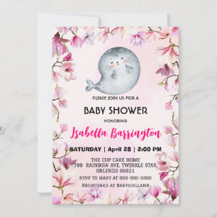 Pink Cute seal lion flower floral baby shower kid Invitation