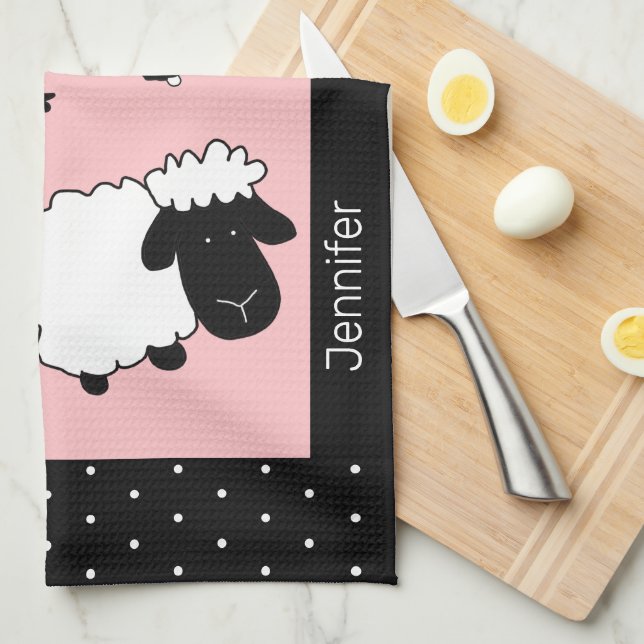 Pink Cute Sheep Illustration Monogrammed Kitchen Towel (Quarter Fold)
