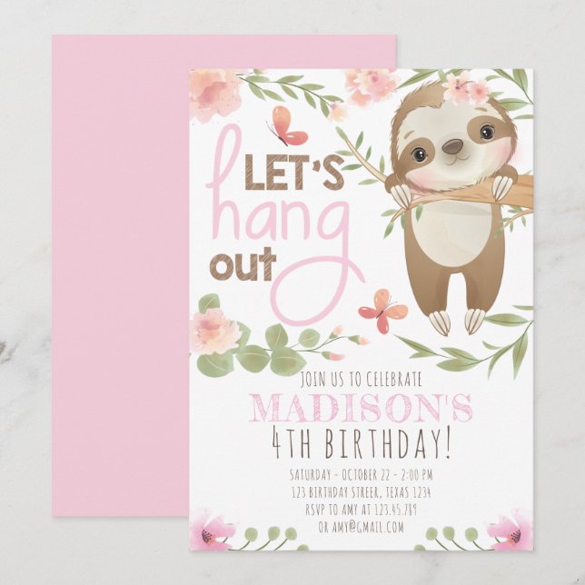 Pink Cute Sloth Girl Birthday Invitation (Front/Back)