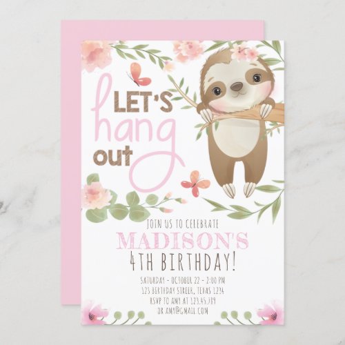 Pink Cute Sloth Girl Birthday Invitation