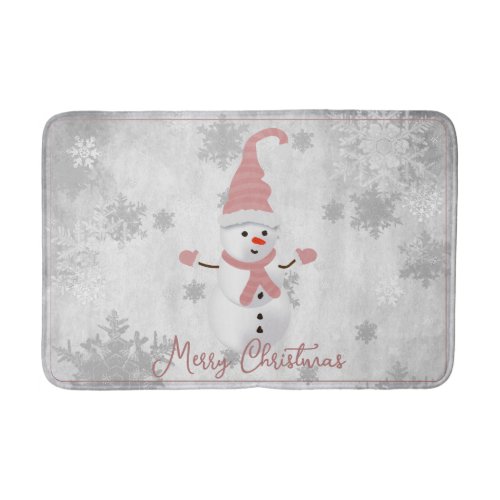 Pink Cute Snowman Holiday Bath Mat