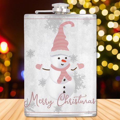 Pink Cute Snowman Holiday Flask