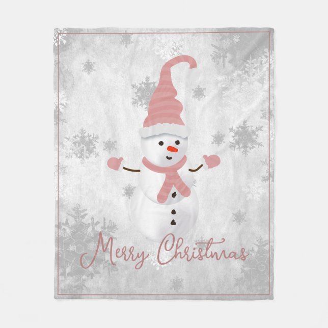 Pink Cute Snowman Holiday Fleece Blanket (Front)