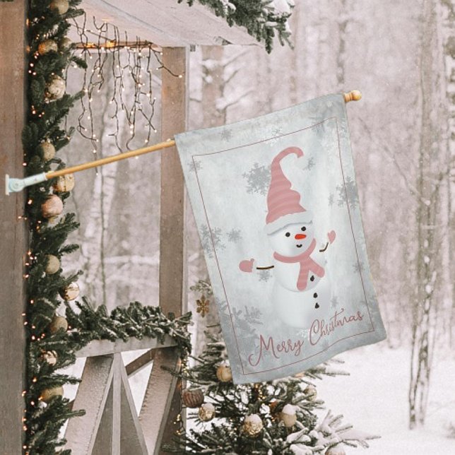 Pink Cute Snowman Holiday House Flag (Pink Cute Snowman Holiday House Flag)