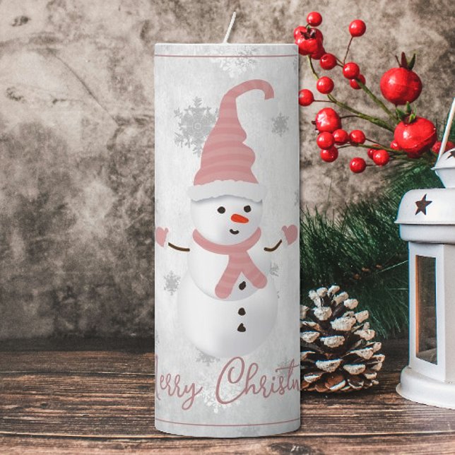 Pink Cute Snowman Holiday Large Pillar Candle (Pink Cute Snowman Holiday Large Pillar Candle)