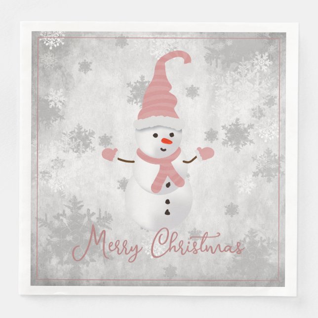 Pink Cute Snowman Holiday Paper Napkin (Front)
