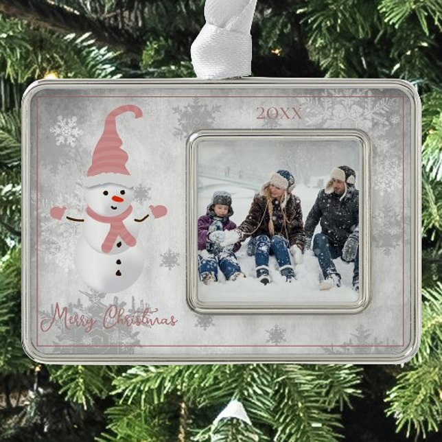 Pink Cute Snowman Holiday Photo Christmas Ornament (Pink Cute Snowman Holiday Ornament)