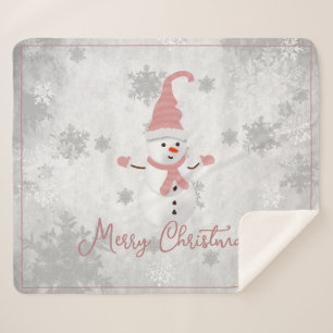 Pink Cute Snowman Holiday Sherpa Blanket