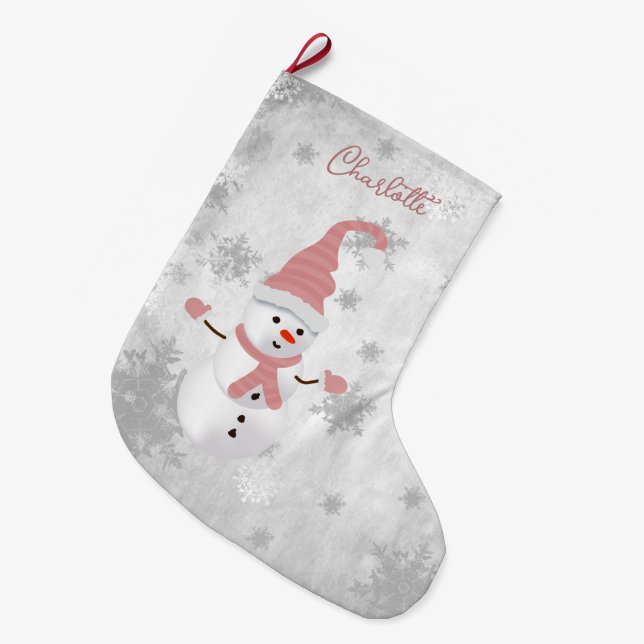 Pink Cute Snowman Holiday Stocking (Front (Hanging))