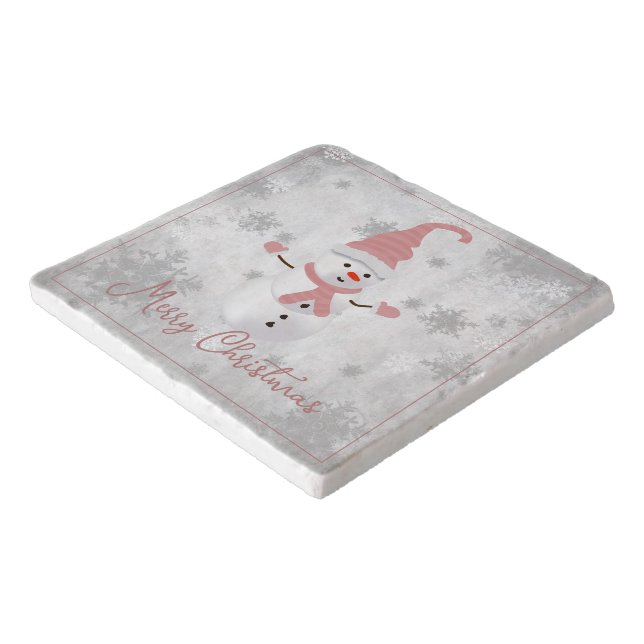 Pink Cute Snowman Holiday Trivet (Corner)