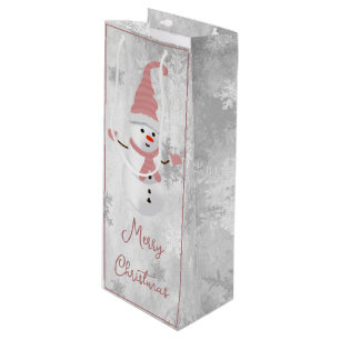 Pink Cute Snowman Holiday Wine Gift Bag