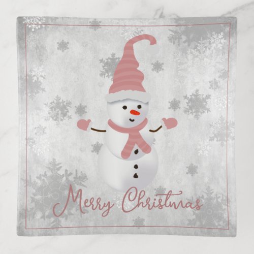 Pink Cute Snowman Trinket Tray